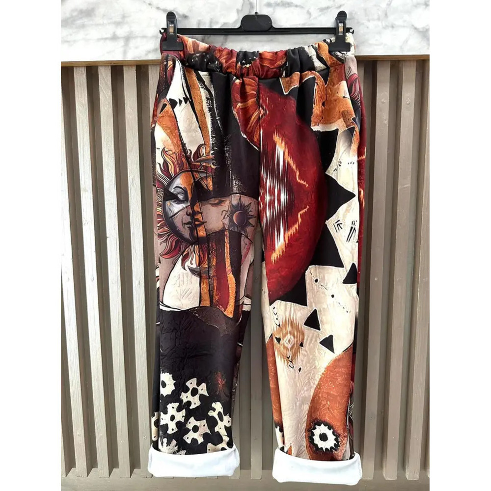 L523 Loowie Rust Boho Sun-Moon Printed Jogger Sweatpants One Size